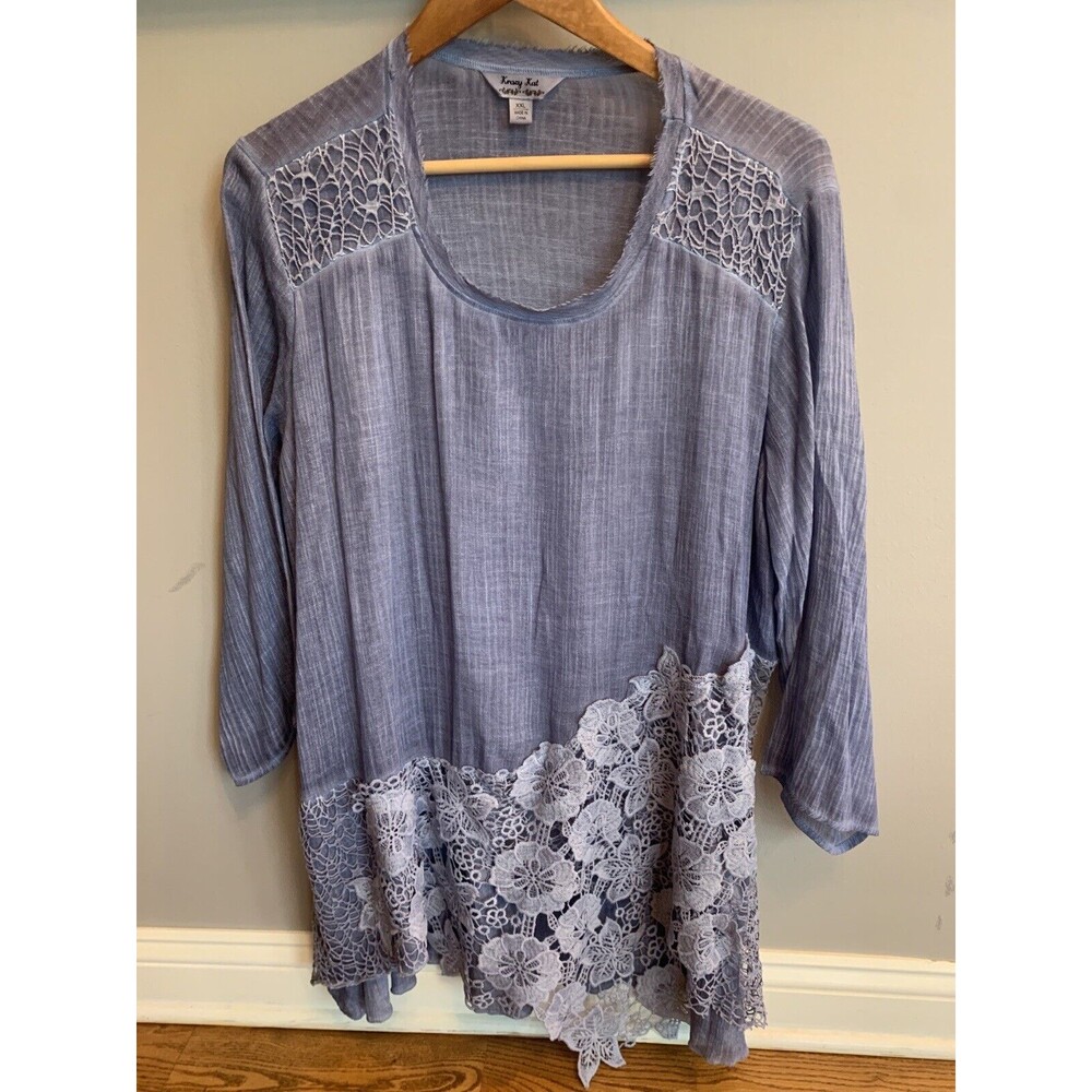 Krazy Kat‎ Women XXL Dusty Blue Lacey Tunic Top Gauzy Cottage Core  Plus Size